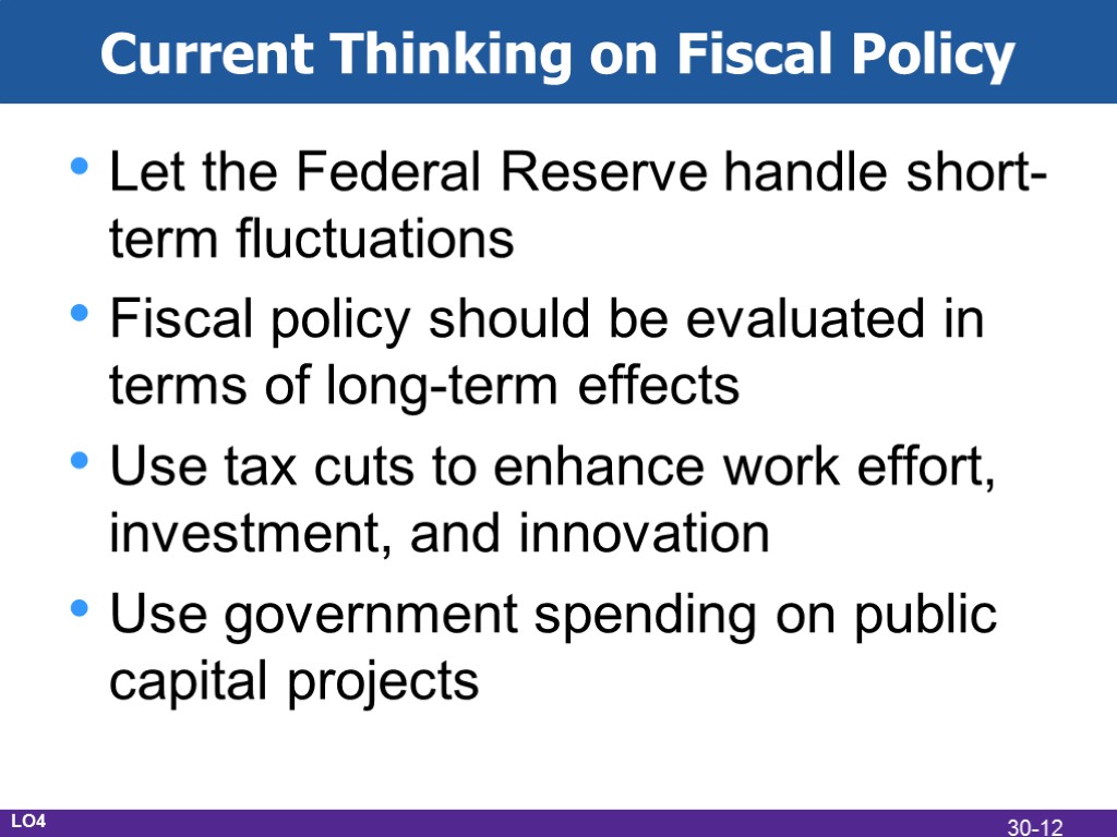Current Thinking on Fiscal Policy Let the Federal Reserve handle short-term fluctuations Fiscal policy